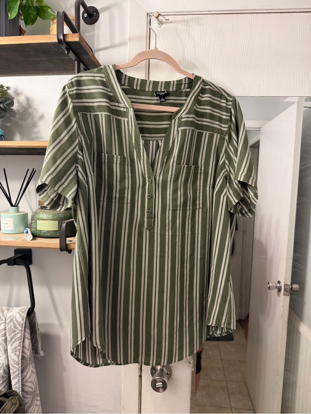 torrid Olive and White Vertical-Stripe Split V Tunic